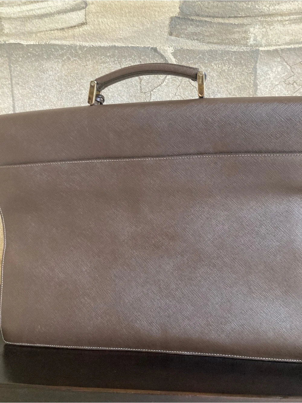 Prada Brown Saffiano Leather Briefcase with Gold Hardware